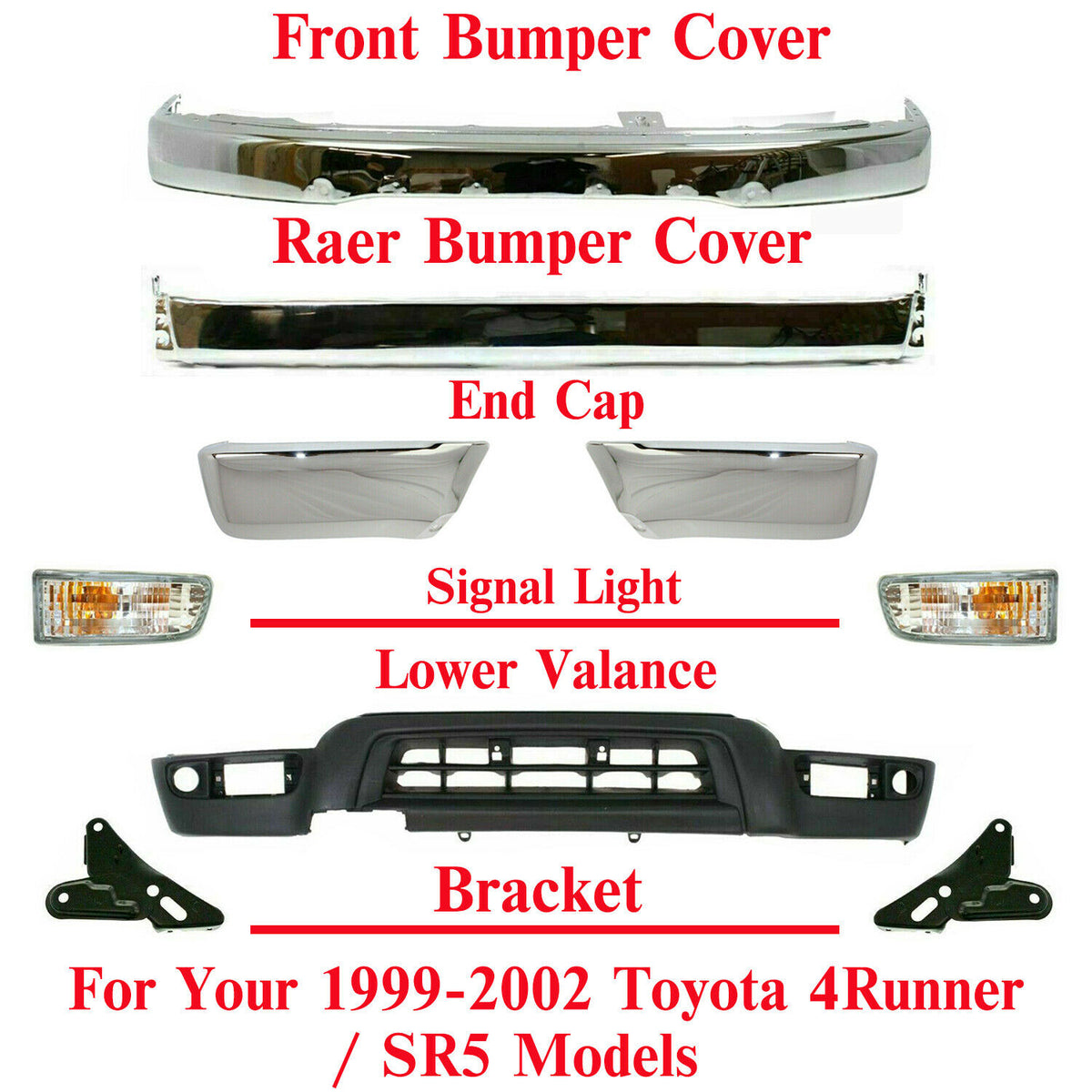 Front & Rear Bumper Kit With End Cap Chrome + Valance For 1999-02 Toyota  4Runner