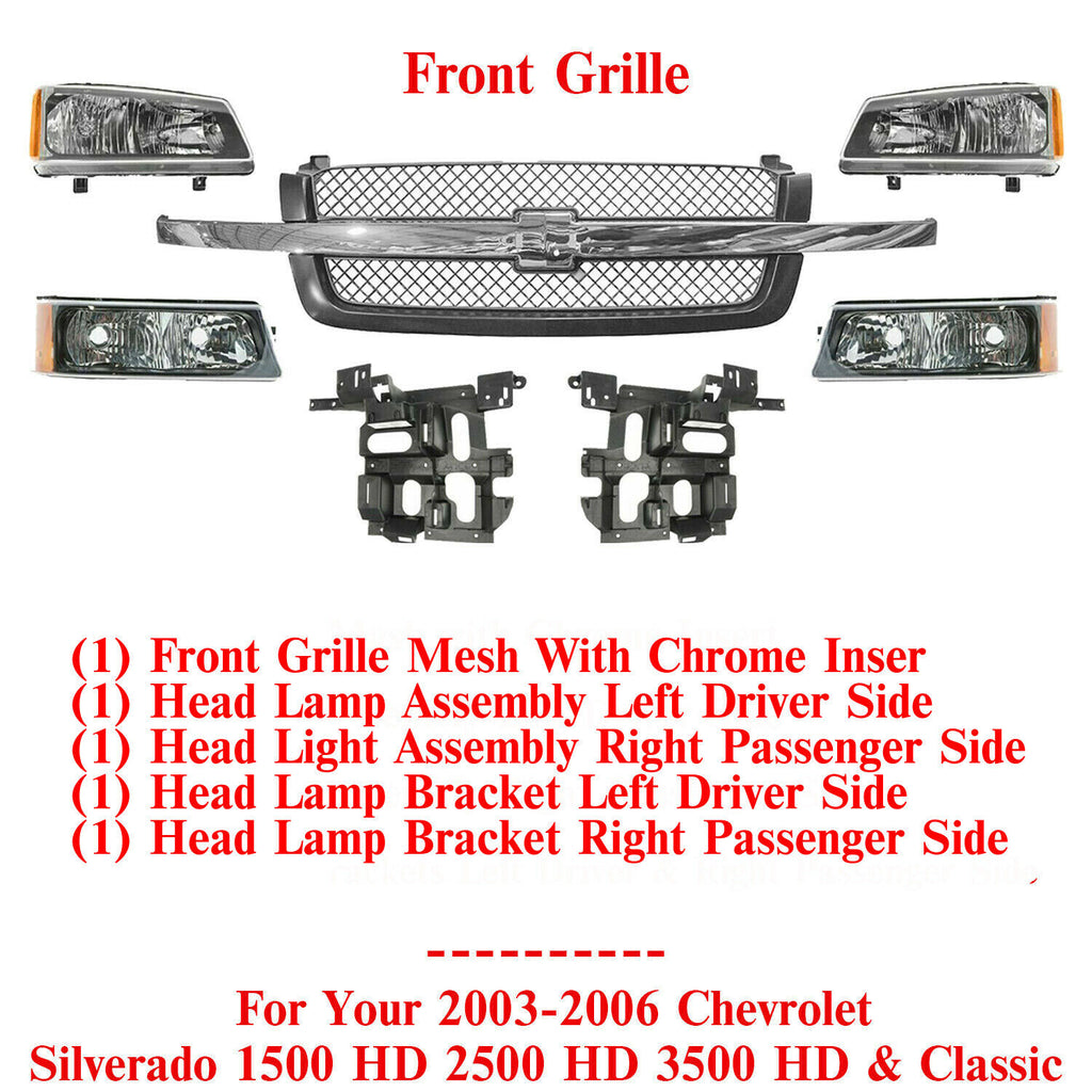 Grille + Headlight Kit + Brackets Set For 2003-06 Chevrolet Silverado 1500/ 2500