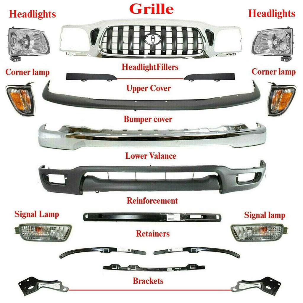Front Bumper Chrome Complete Kit + Grille Lights For 2001-2004 Toyota Tacoma 4WD