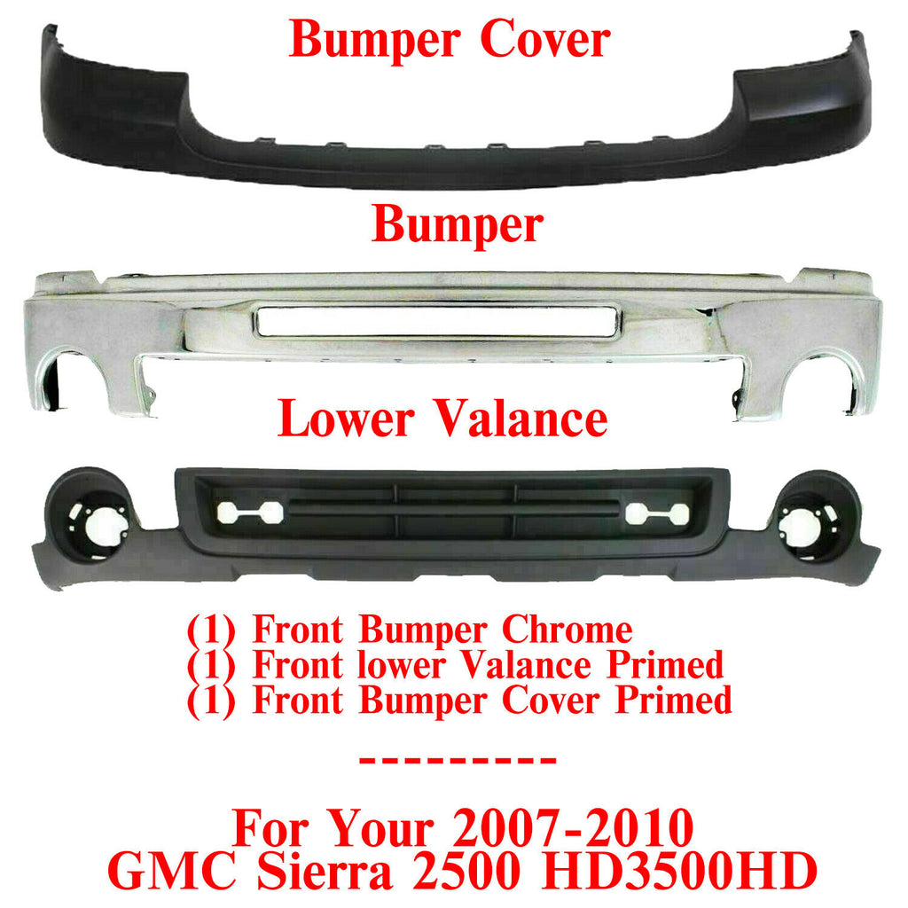 Front Bumper Chrome + Upper Cover + Valance For 2007-2010 GMC Sierra 2500HD 3500
