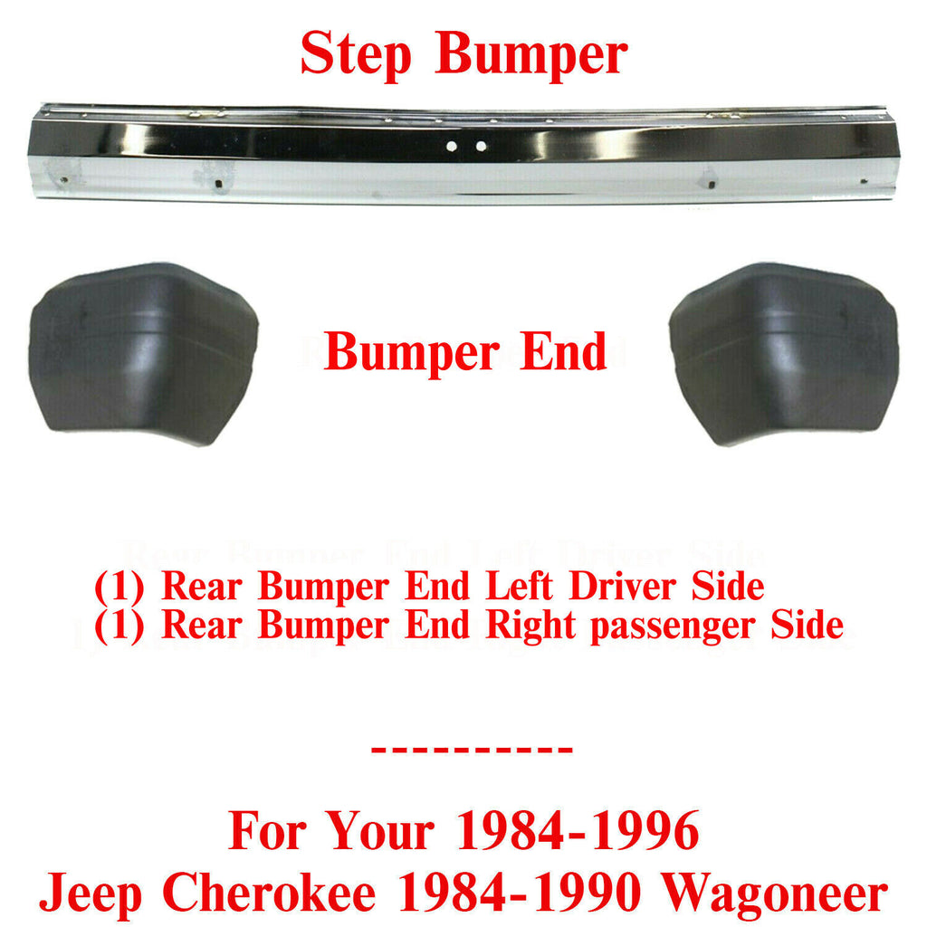 Rear Bumper Chrome + End Caps For 1984-1996 Jeep Cherokee 1984-1990 Wagon