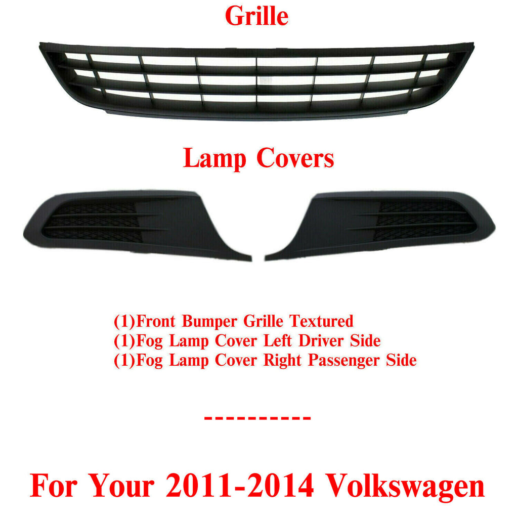 Front Lower Bumper Grille Textured & Fog Lamp Covers For 11-14 Volkswagen Jetta