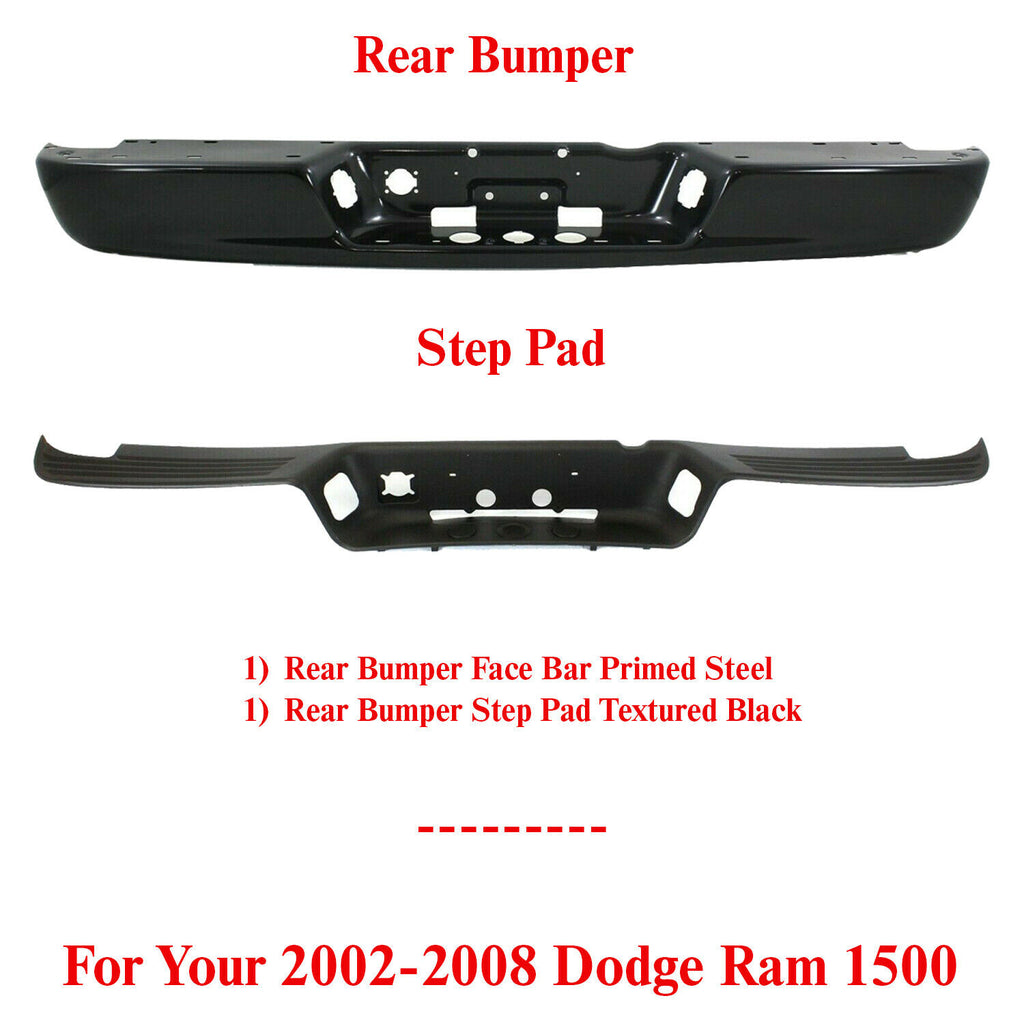 Rear Step Bumper Face Bar Fleet Side + Step Pad For 2002-2008 Dodge Ram 1500