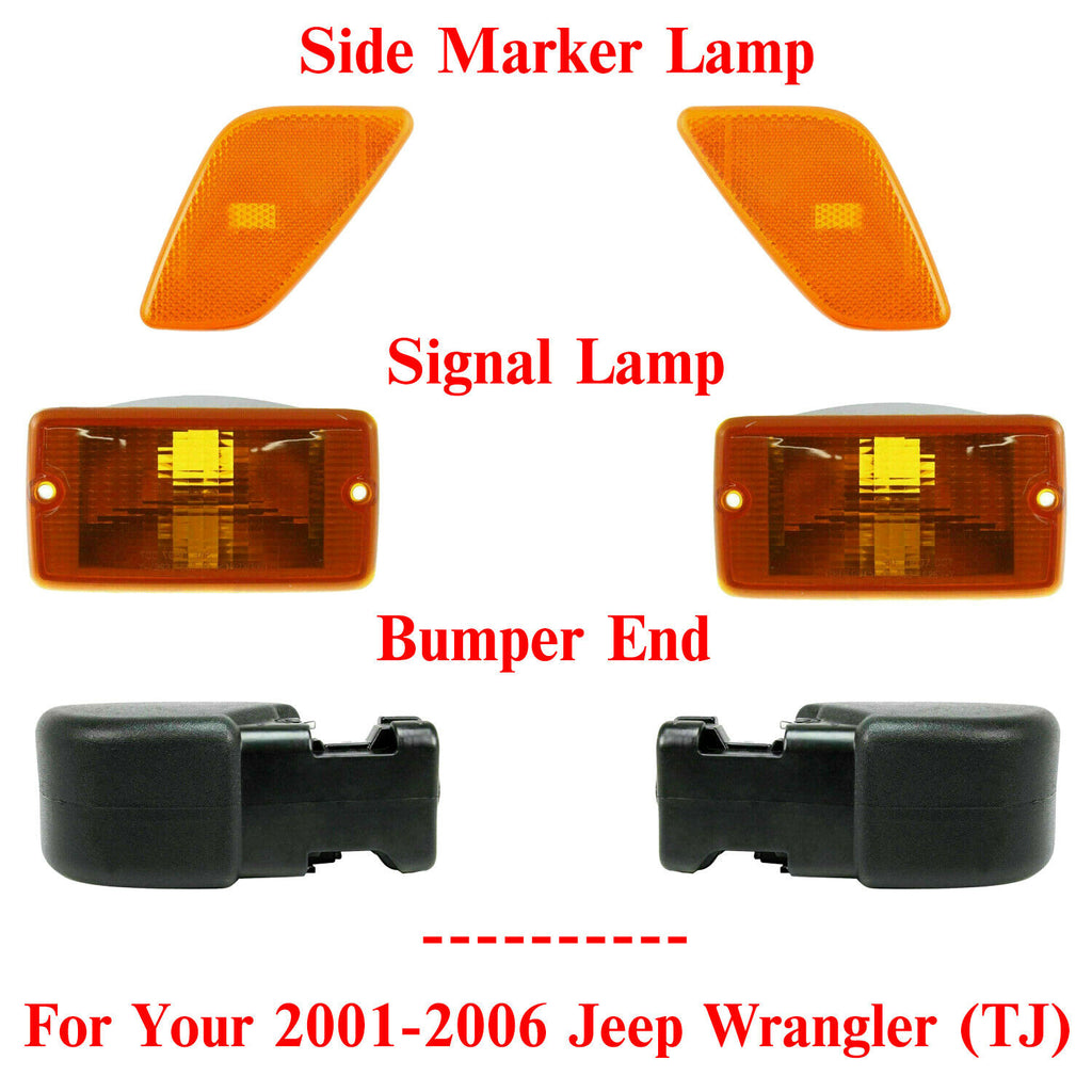 Front Bumper End Caps + Signal Lamp & Side Marker Lights For 01-06 Wrangler (TJ)