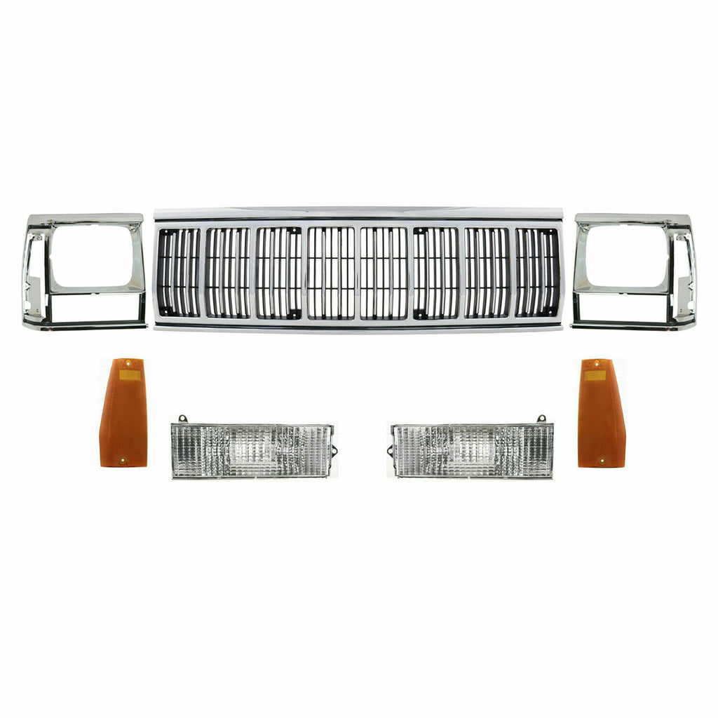 Front Grille + Headlamp Door + Signal & marker Lamps For 1991-1996 Jeep Cherokee