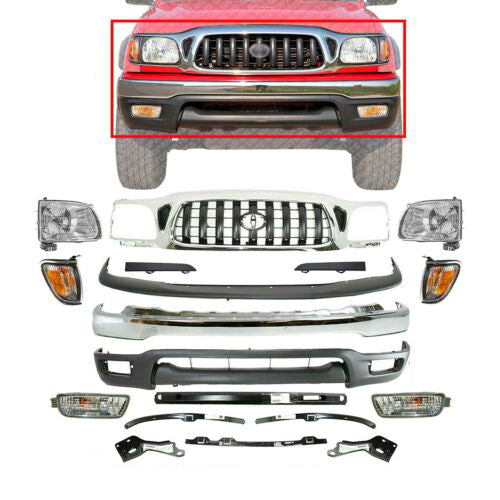 Front Bumper Chrome Complete Kit + Grille Lights For 2001-2004 Toyota Tacoma 4WD