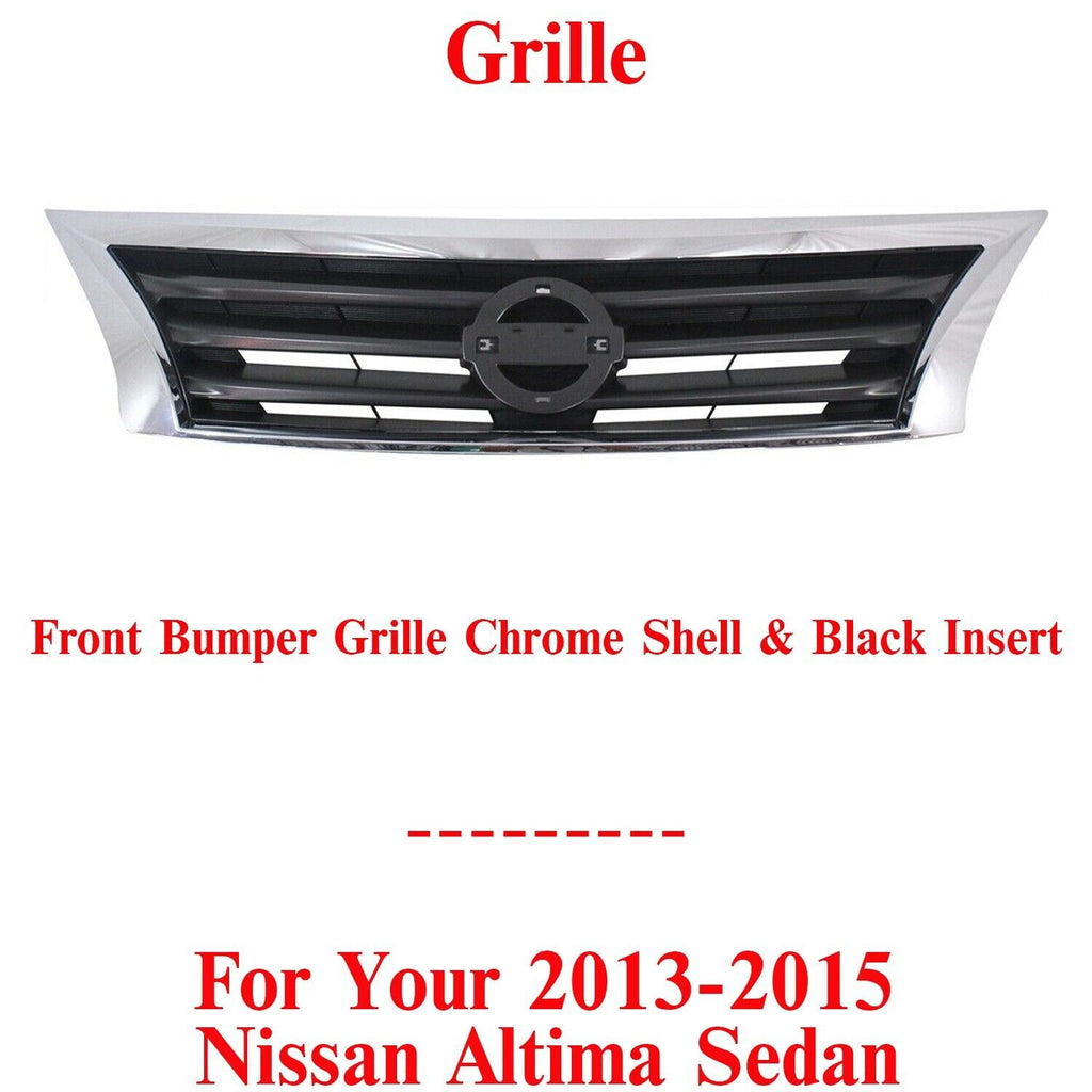 Front Bumper Grille Chrome Shell & Black Insert For 2013-15 Nissan Altima Sedan