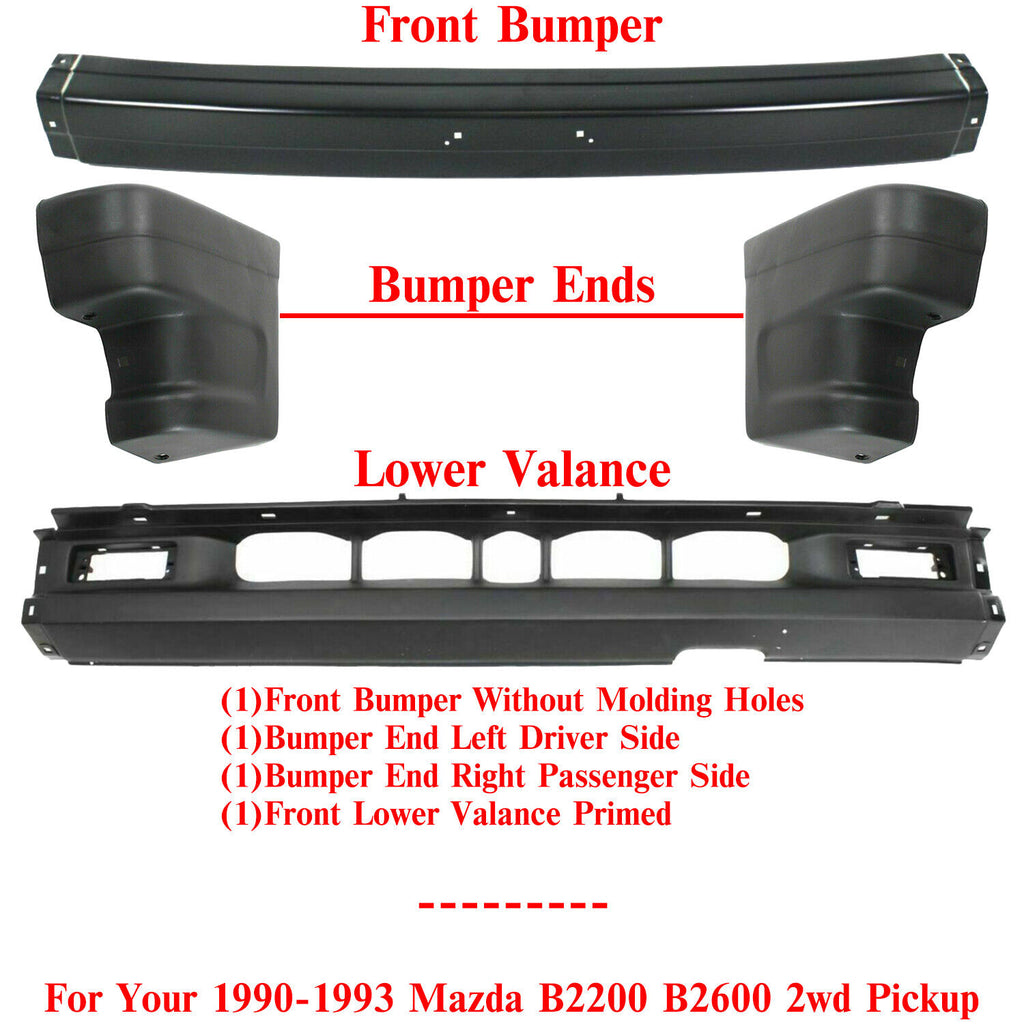 Front Bumper + Lower Valance + End Caps For 1990-93 Mazda B2200 B2600 Pickup 2wd