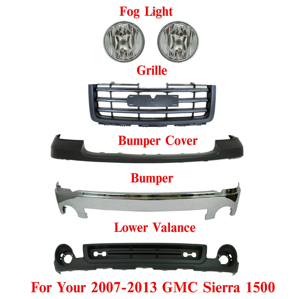Bumper Chrome + Upper Cover + Grille + Fog Lights For 2007-2013 GMC Sierra 1500