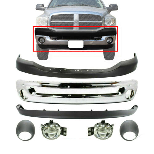 Front Chrome Bumper Kit + Fog Light & Bezel For 2006-09 Dodge Ram