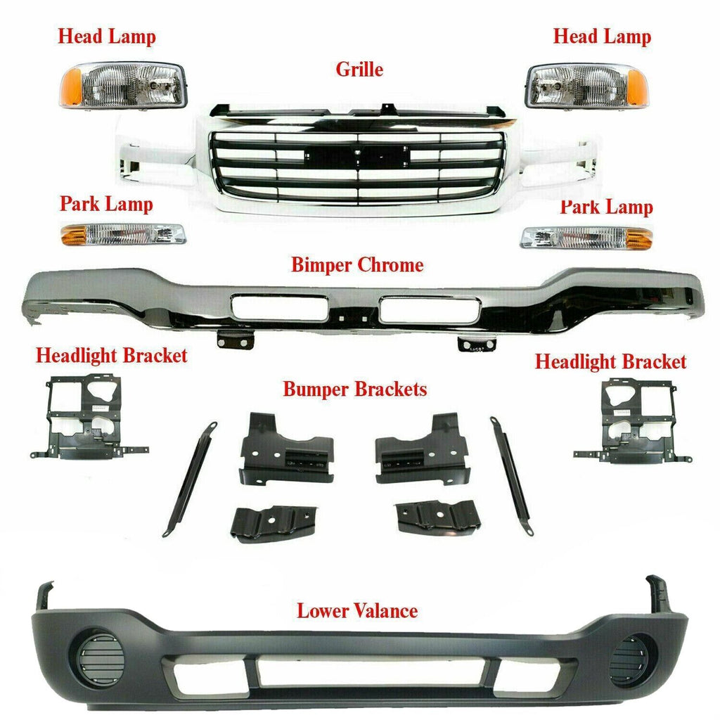 Front Bumper with Brackets + Valance + Grille + Lights For 2003-2006 GMC Sierra 1500