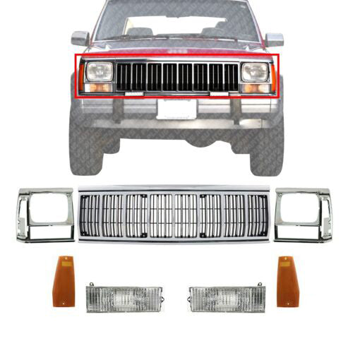 Front Grille + Headlamp Door + Signal & marker Lamps For 1991-1996 Jeep Cherokee
