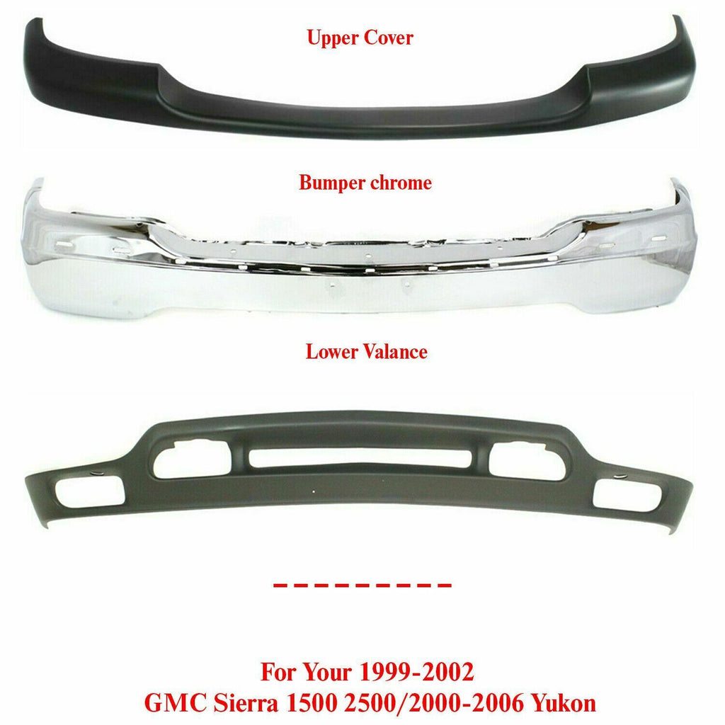 Front Bumper Chrome + Cover + Lower For 99-02 GMC Sierra 1500 2500/00-06 YUKON