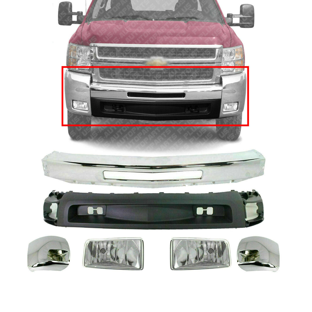 Front Bumper Chrome + Ends + Valance For 2007-2010 Chevy Silverado 2500HD 3500HD