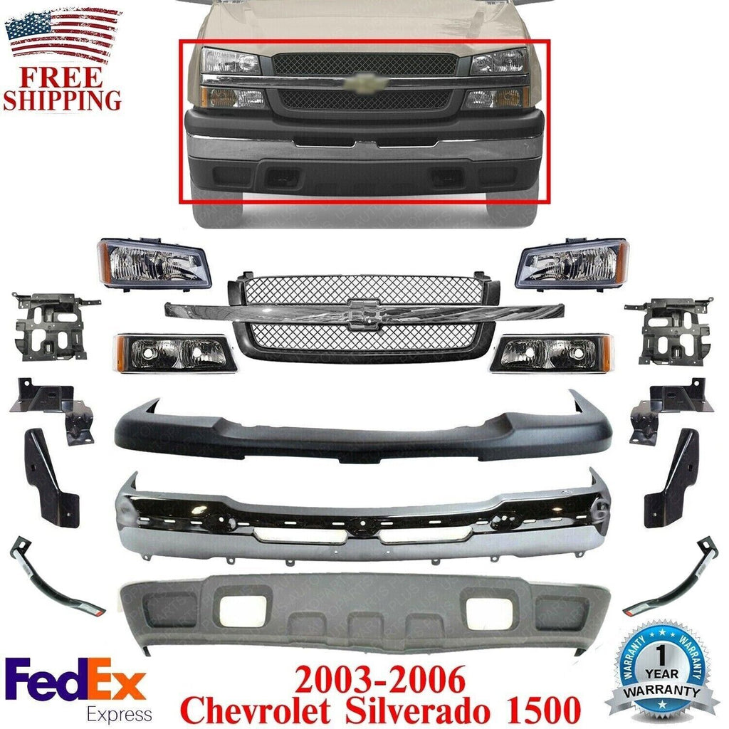 Front Bumper Chrome kit + Headlight + Brackets For 2003-06 Chevy Silverado 1500
