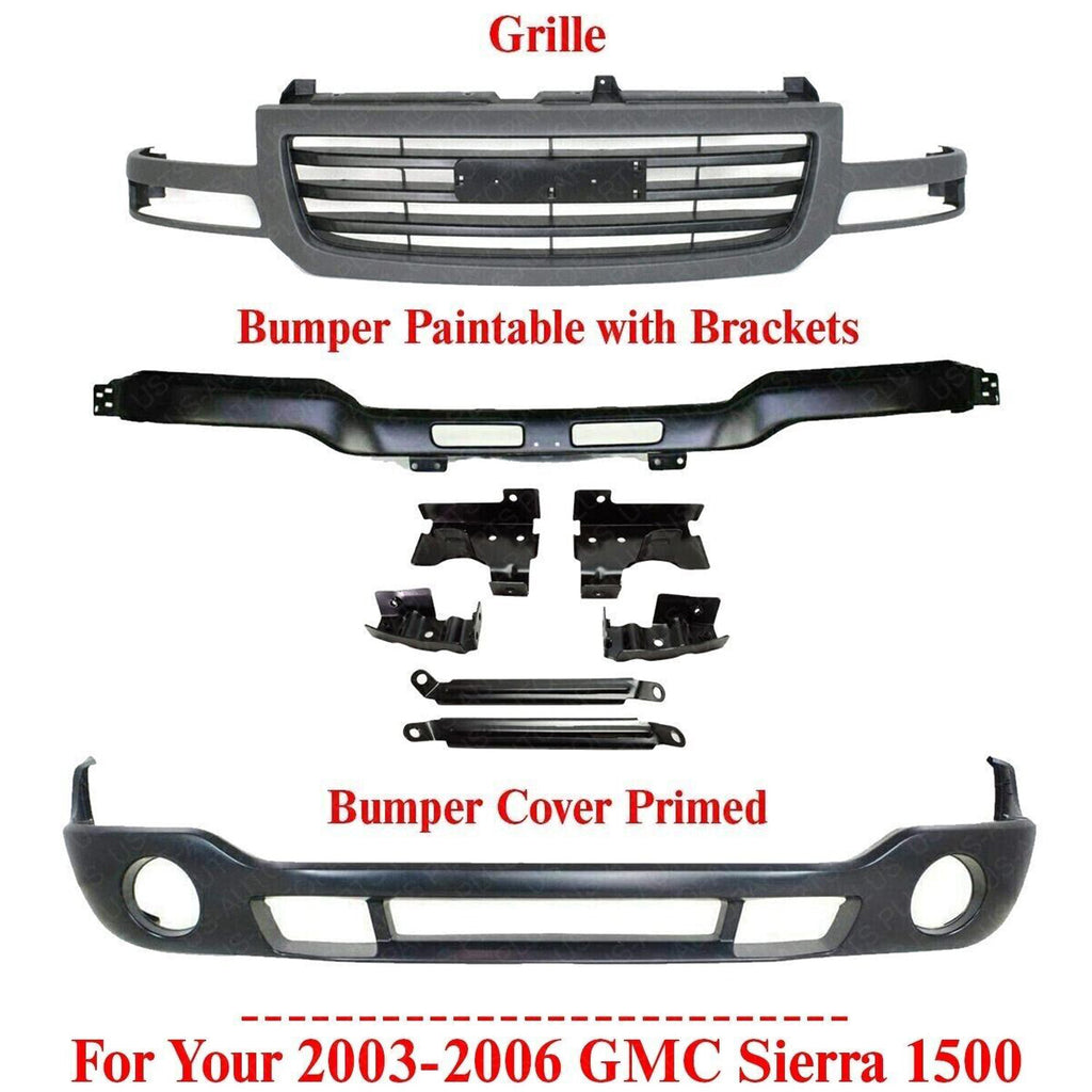 Front Bumper Paintable + Grille + Lower Valance Primed For 2003-2006 GMC Sierra 1500