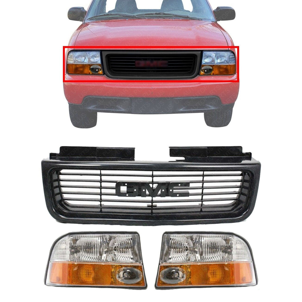 Grille Textured Black + Headlights RH & LH Side For 1998-2004 GMC Jimmy / Sonoma