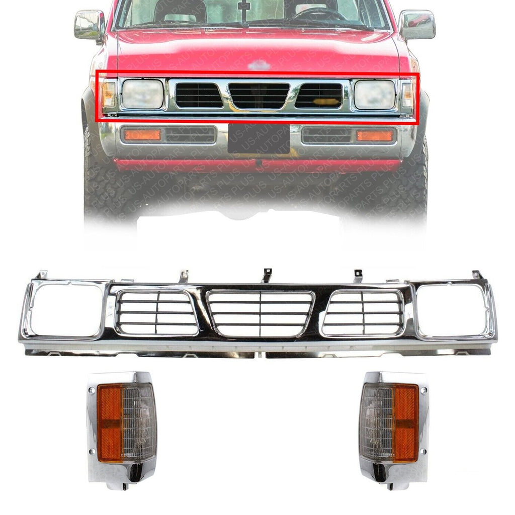 Grille Assembly Chrome + Corner Lights For 1993-1994 Nissan D21 / 1995-97 Pickup