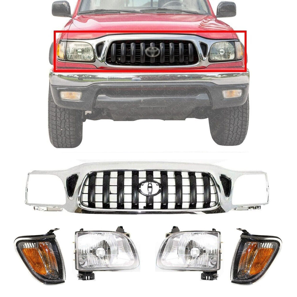 Grille Assembly Chrome + Headlights +Corner Lights For 2001-04 Toyota Tacoma 4WD