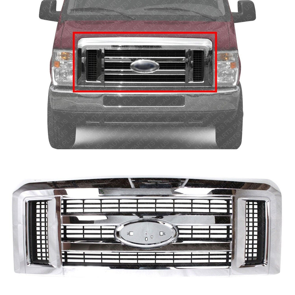 Grille Assembly Chrome Plastic For 2008-2014 Ford E-150 E-250/ 08-21 E-350 E-450