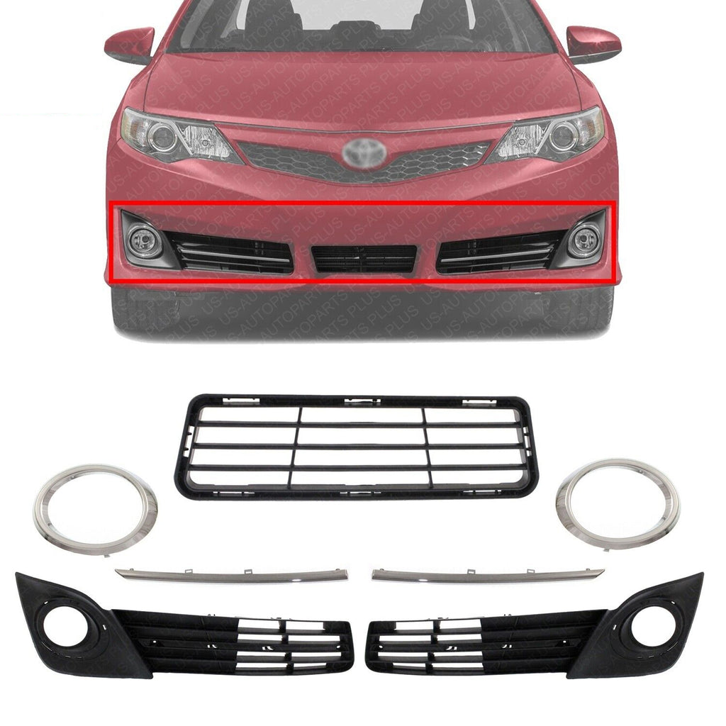 Front Bumper Grille Textured + Fog Bezels Trim Kit For 2012-2014 Toyota Camry