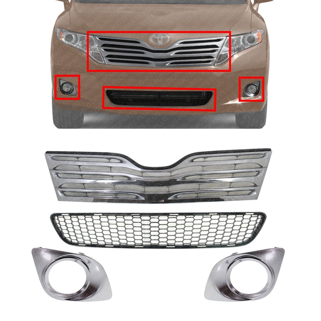 Front Bumper Upper & Lower Grille + Fog Bezels Trim For 2009-2012 Toyota Venza