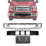 Front Bumper Chrome +Center Cover+License Plate Bracket For 2015-2017 Ford F-150