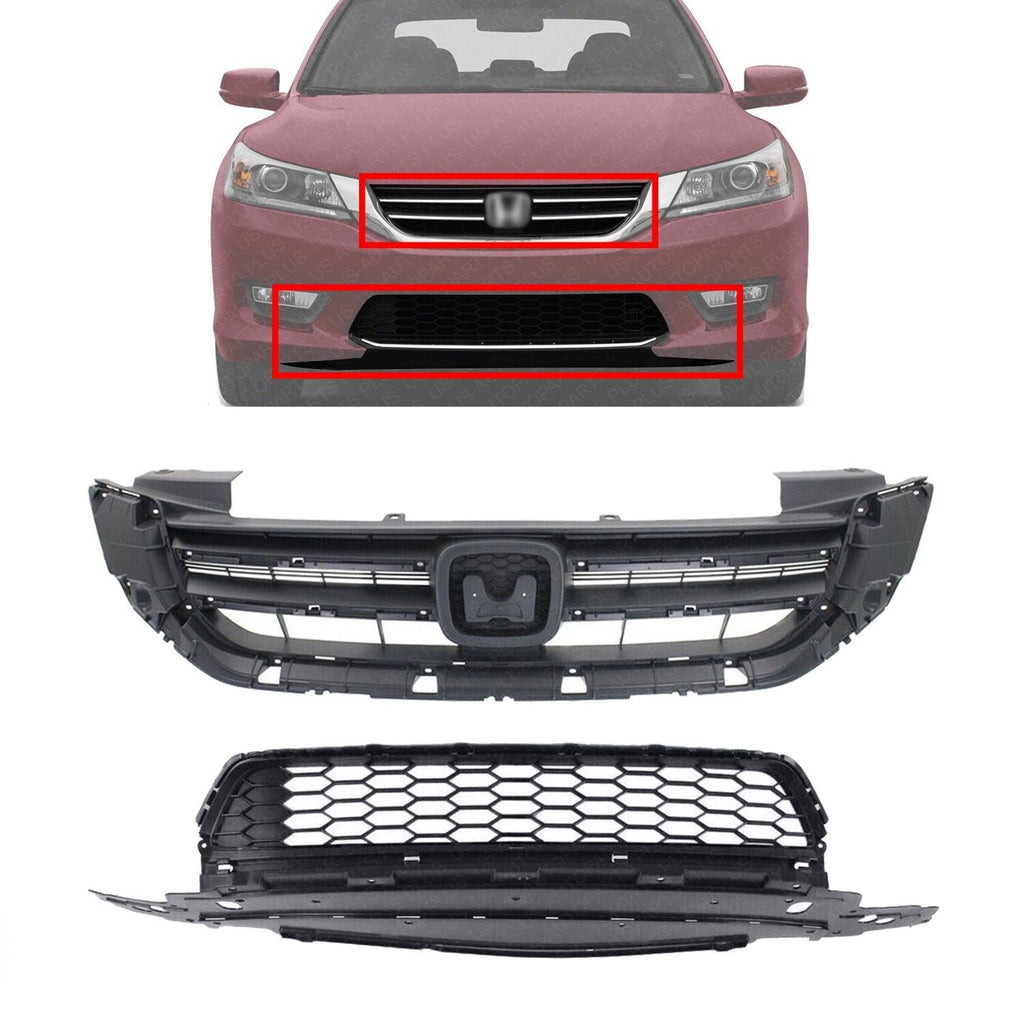 Front Bumper Upper & Lower Grille Textured Gray For 2013-2015 Honda Accord Sedan