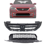 Front Bumper Upper & Lower Grille Textured Gray For 2013-2015 Honda Accord Sedan