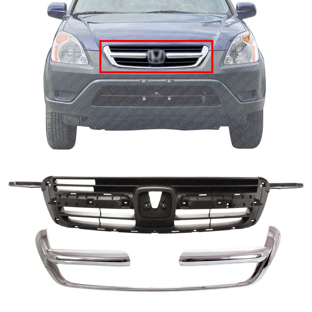 Grille Insert Textured Gray + Chrome Molding Outer For 2002-2004 Honda CR-V