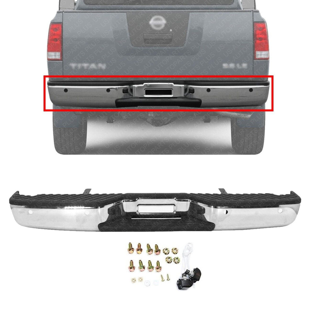 Rear Step Bumper Chrome Assembly Steel with PDC Holes For 2004-2015 Nissan Titan