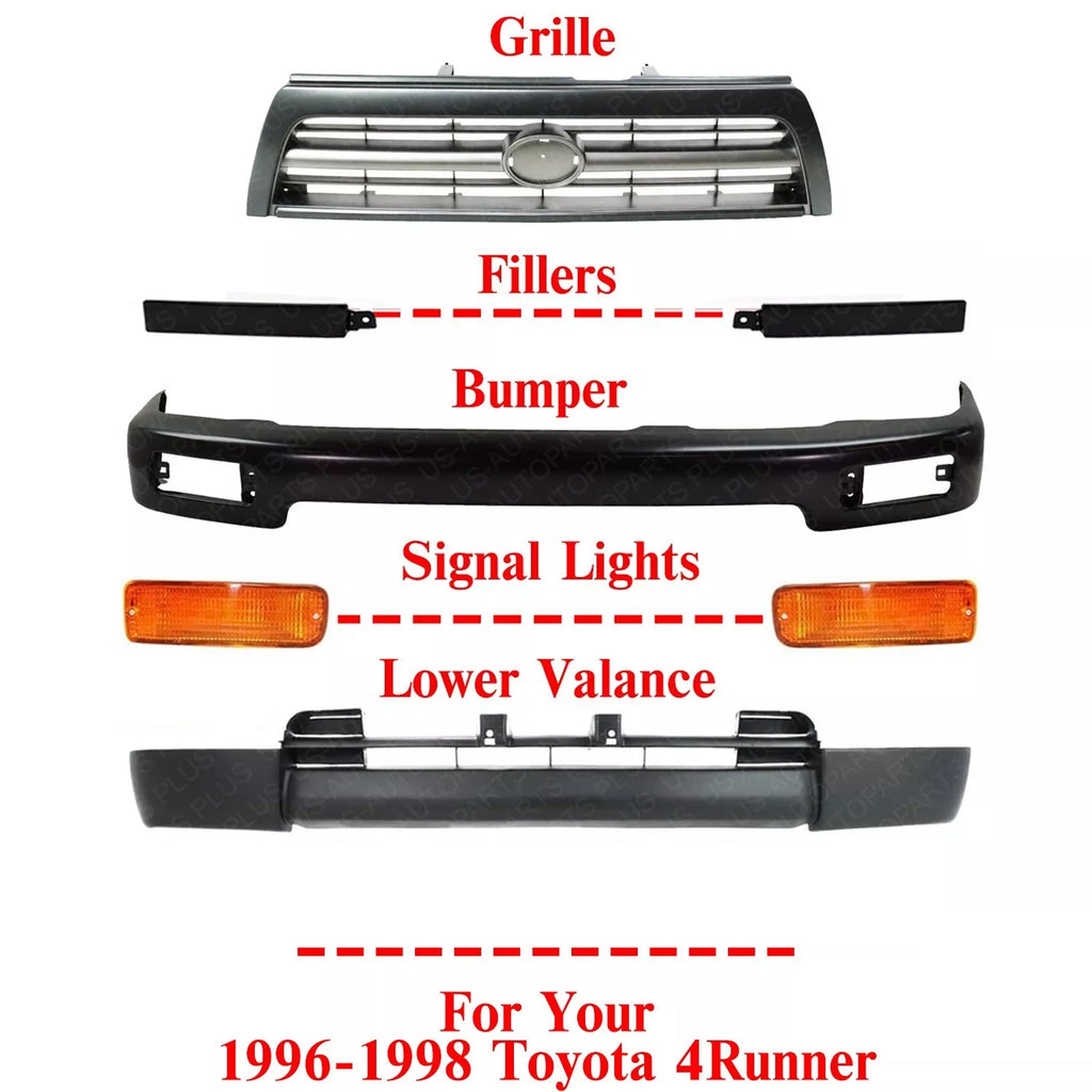 Front Bumper Face Bar Black Steel + Grille Assembly Painted Gray + Headlights Fillers + Signal Lights Left & Right Side For 1996-1998 Toyota 4Runner