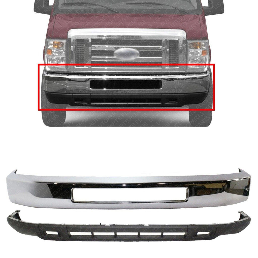 Front Bumper Chrome + Lower Valance For 2008 - 2014 Ford E - 150 E - 250 E - 450 E - 350 - US AUTO PARTS PLUS