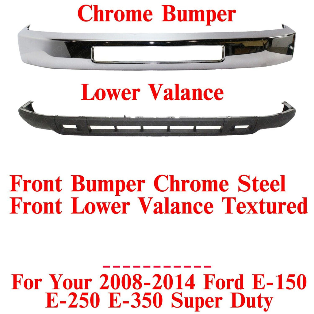 Front Bumper Chrome + Lower Valance For 2008 - 2014 Ford E - 150 E - 250 E - 450 E - 350 - US AUTO PARTS PLUS