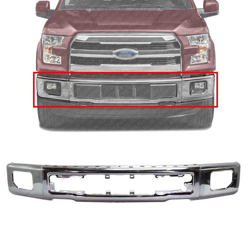 Front Bumper Face Bar Chrome Steel With Fog Light Holes For 2015 - 2017 Ford F - 150 - US AUTO PARTS PLUS