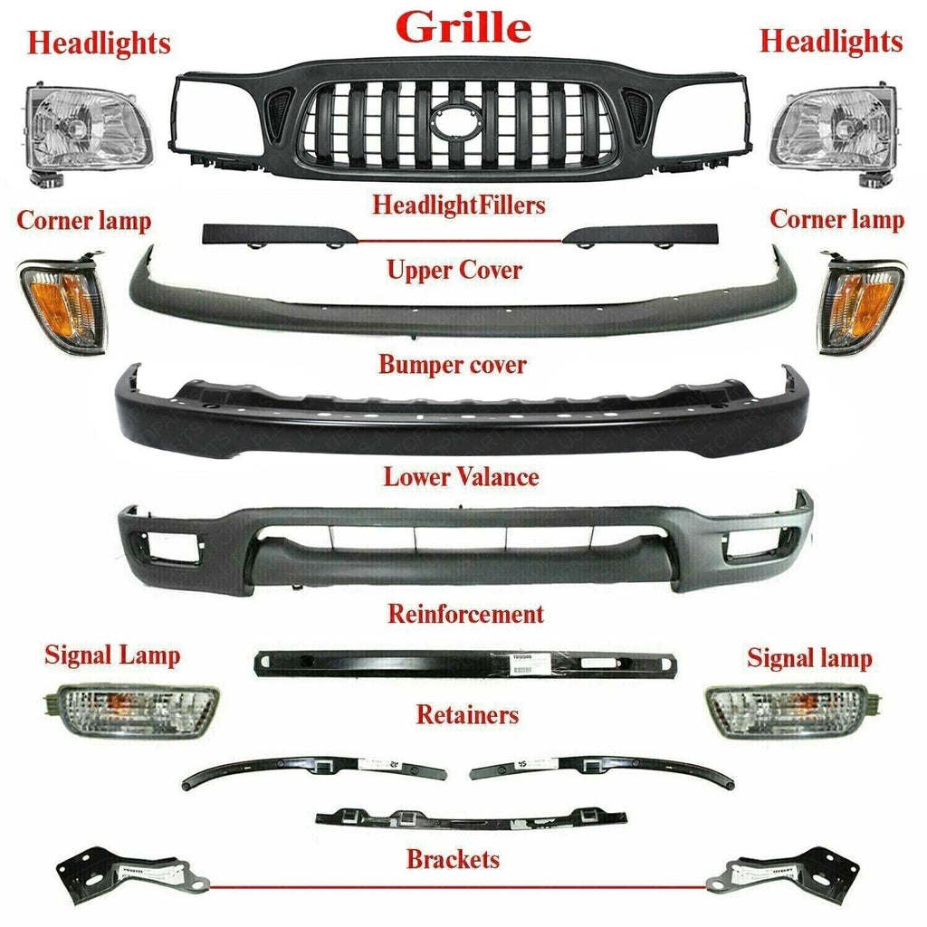 Front Bumper Primed Complete Kit + Grille & Lights For 2001-04 Toyota Tacoma 4WD