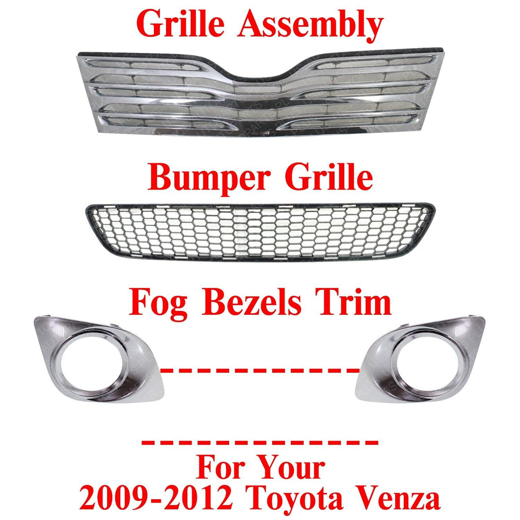 Front Bumper Upper & Lower Grille + Fog Bezels Trim For 2009-2012 Toyota Venza
