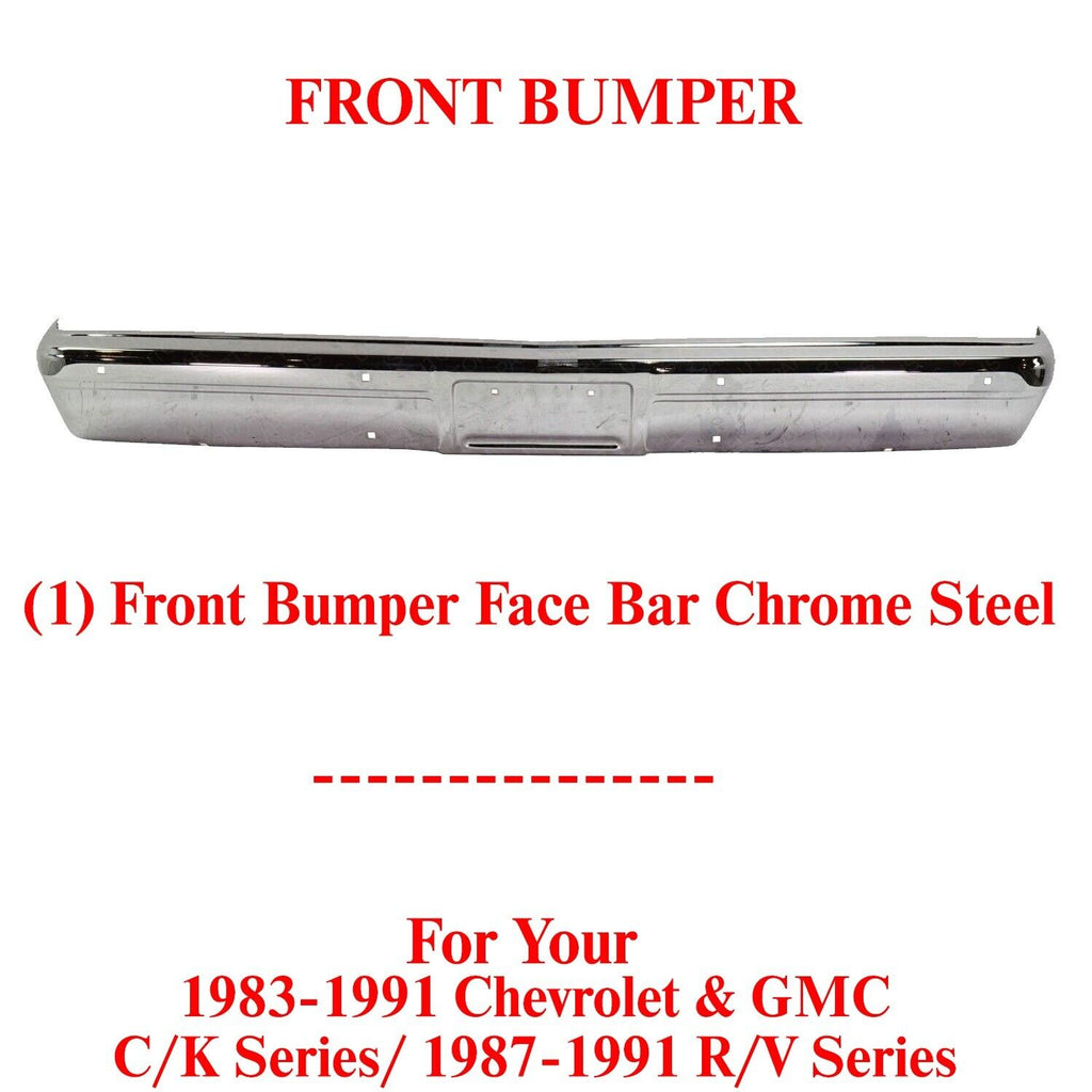 Front Bumper Chrome w/o Impact Strip Holes For 1983-1991 Chevy & GMC C/K Series