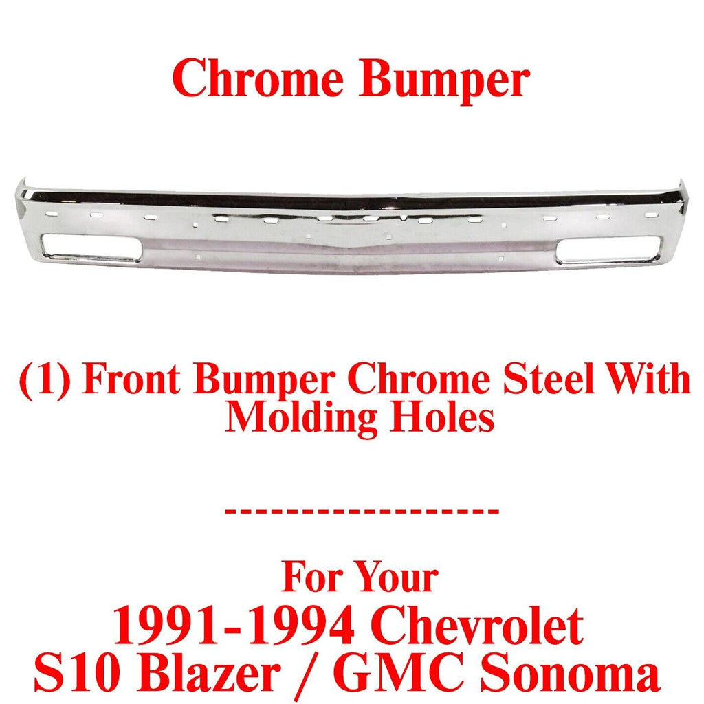 Front Bumper Chrome Steel With Molding Holes For 1991-1994 Chevrolet S10 Blazer