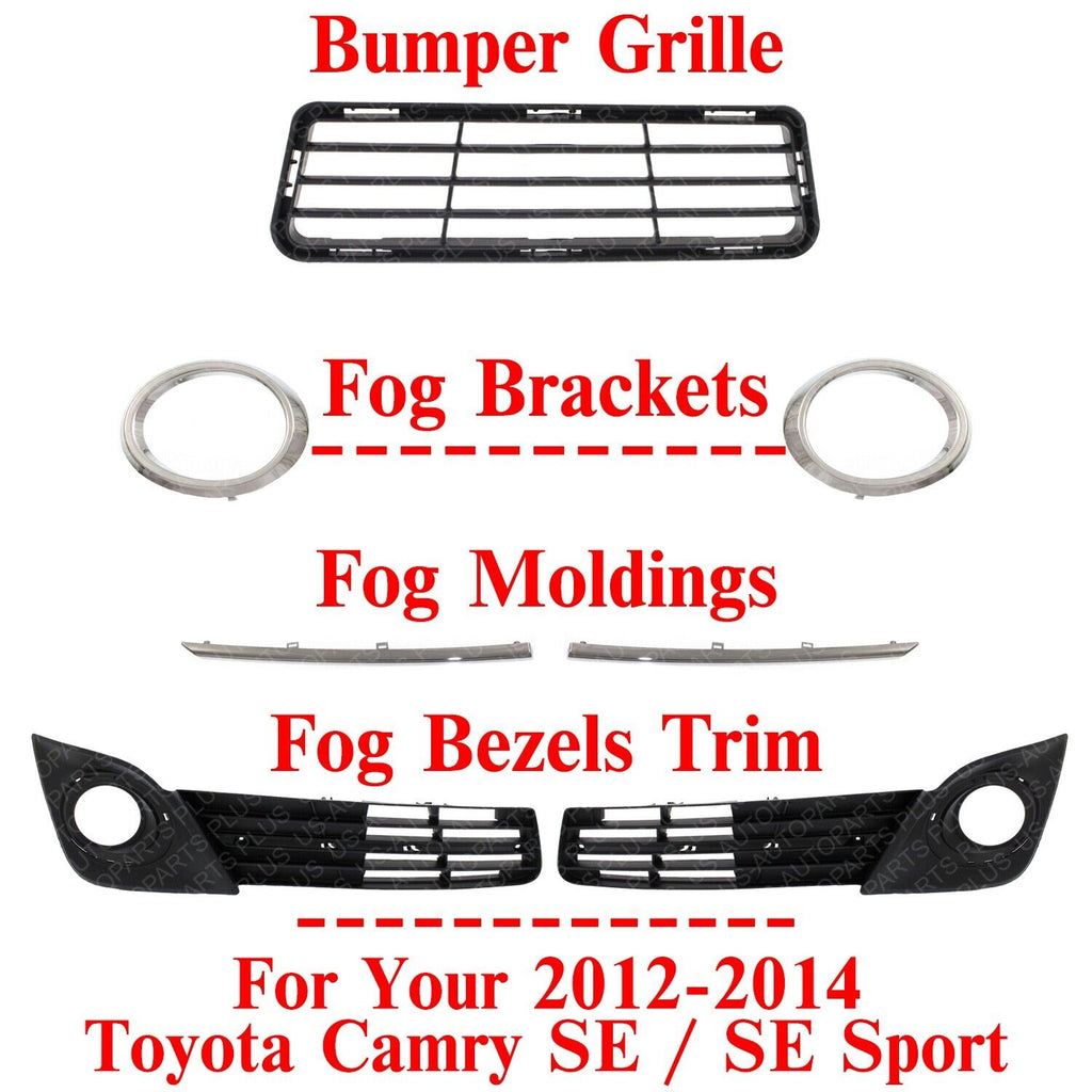 Front Bumper Grille Textured + Fog Bezels Trim Kit For 2012-2014 Toyota Camry