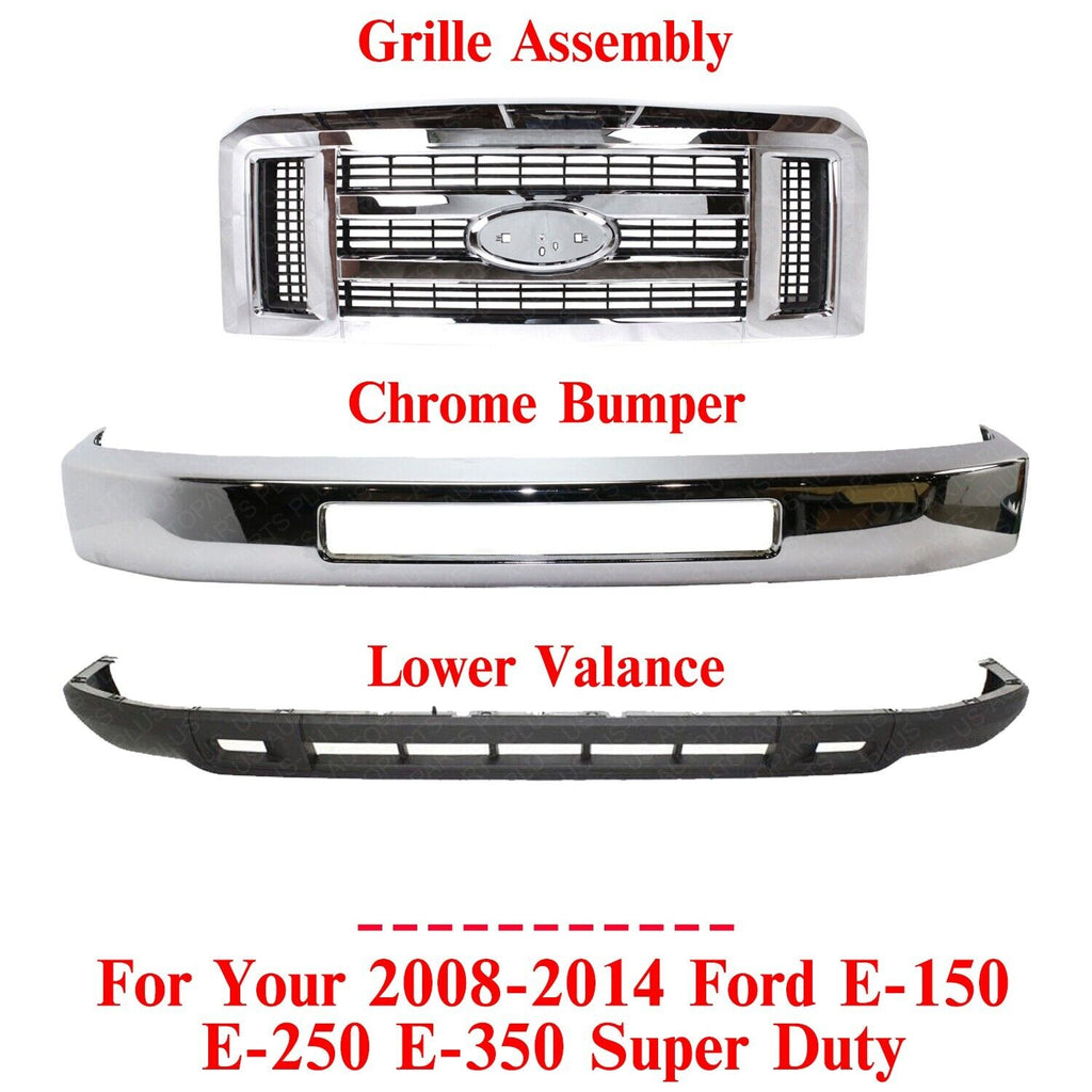 Front Bumper Chrome + Valance +Grille For 2008-2014 Ford E-150 E-250 E-350 E-450