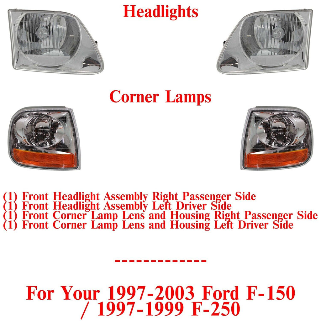 Headlights + Corner Lamps RH & LH For 1997-2003 Ford F-150 / 1997-99 F-250