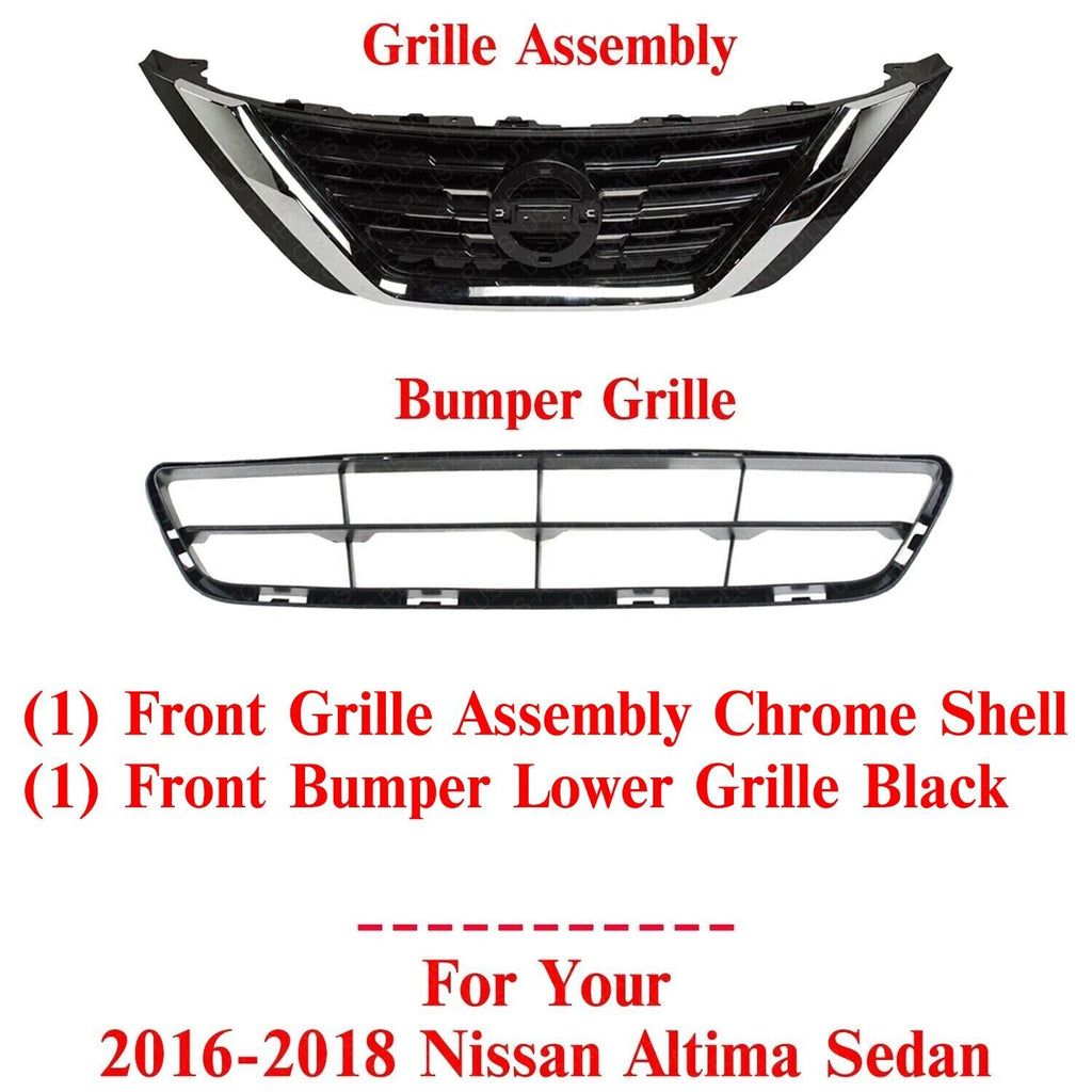 Front Bumper Upper & Lower Grille Assembly For 2016-2018 Nissan Altima Sedan