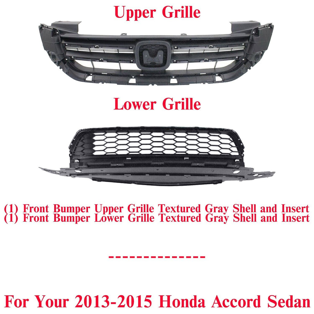 Front Bumper Upper & Lower Grille Textured Gray For 2013-2015 Honda Accord Sedan