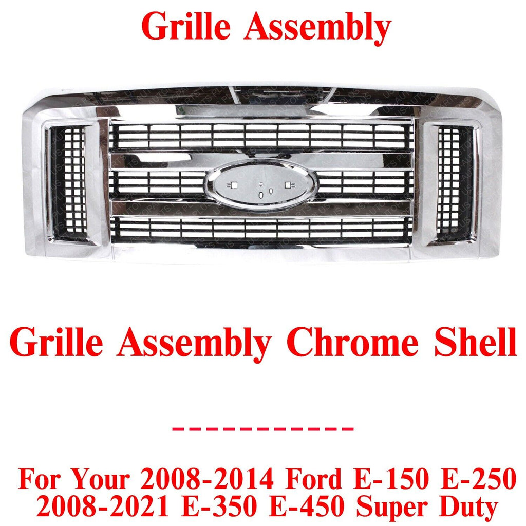 Grille Assembly Chrome Plastic For 2008-2014 Ford E-150 E-250/ 08-21 E-350 E-450