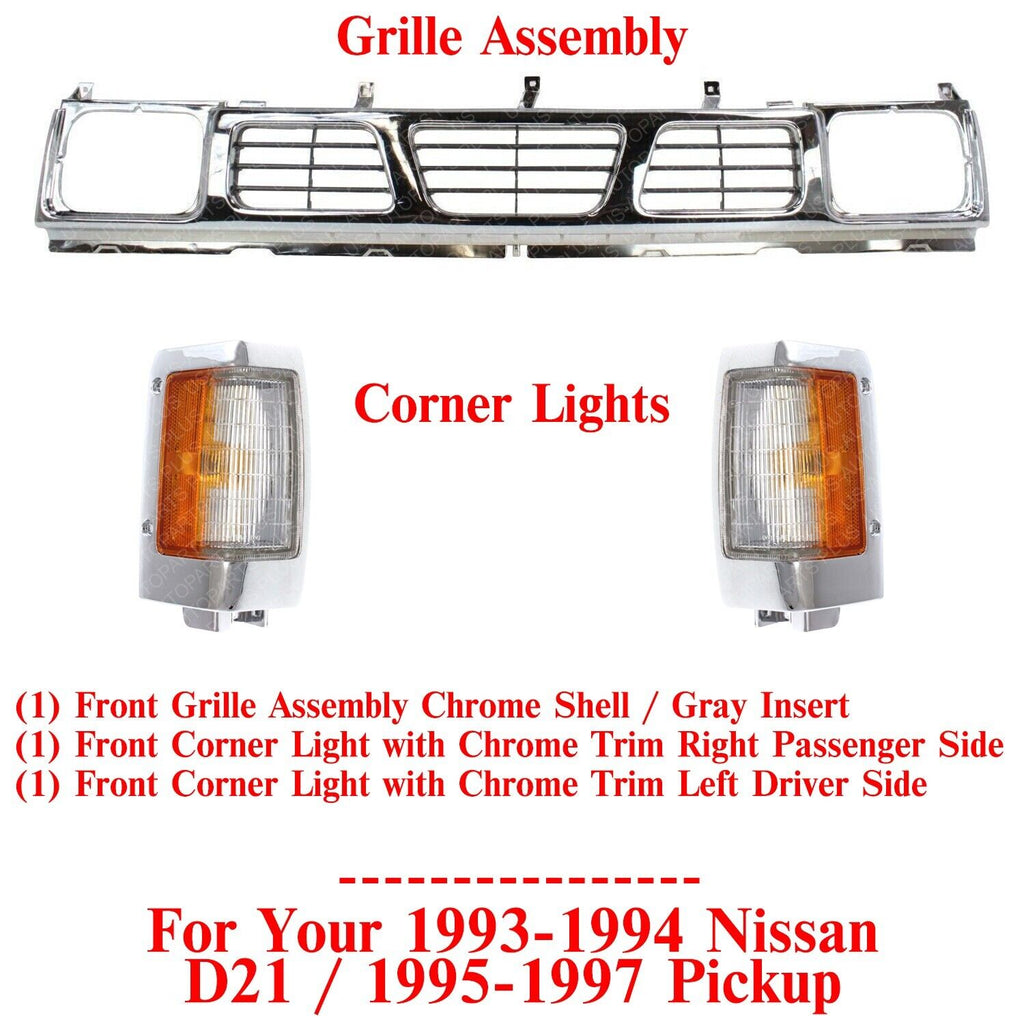 Grille Assembly Chrome + Corner Lights For 1993-1994 Nissan D21 / 1995-97 Pickup