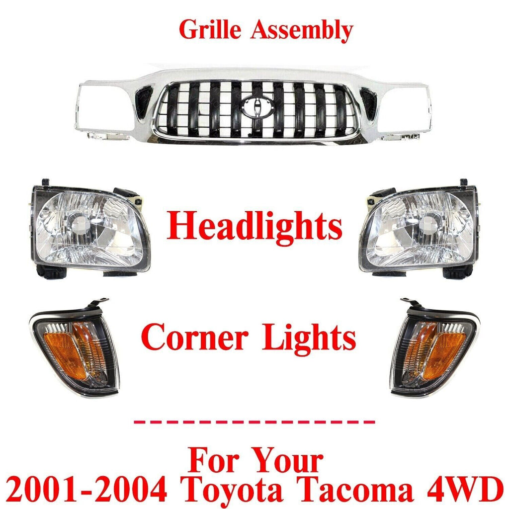 Grille Assembly Chrome + Headlights +Corner Lights For 2001-04 Toyota Tacoma 4WD