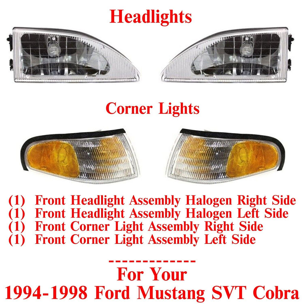 Headlights Assembly + Corner Lights For 1994-1998 Ford Mustang SVT Cobra Models