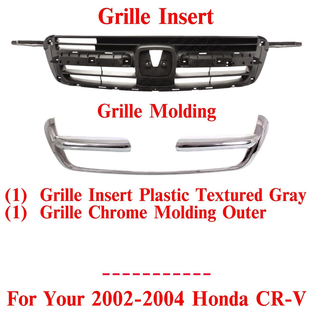 Grille Insert Textured Gray + Chrome Molding Outer For 2002-2004 Honda CR-V