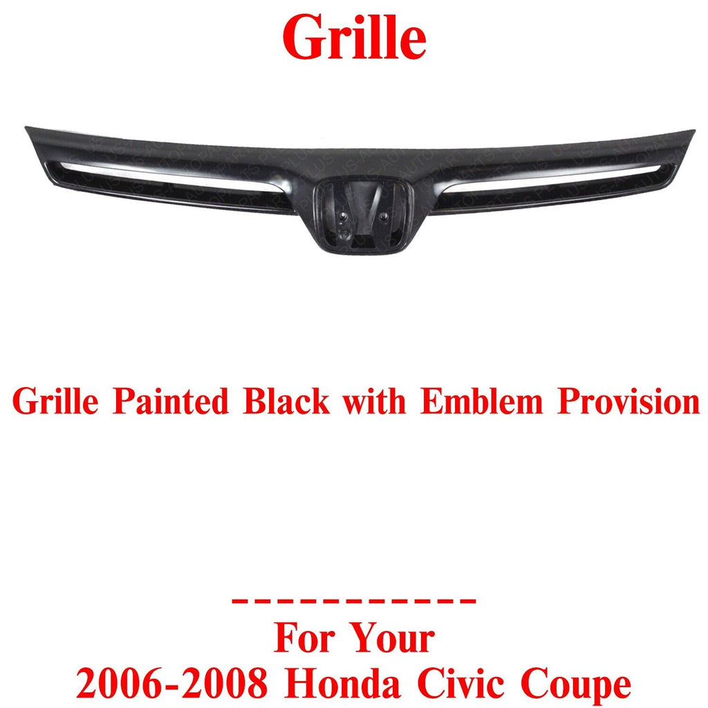 Front Grille Painted Black with Emblem Provision For 2006-2008 Honda Civic Coupe